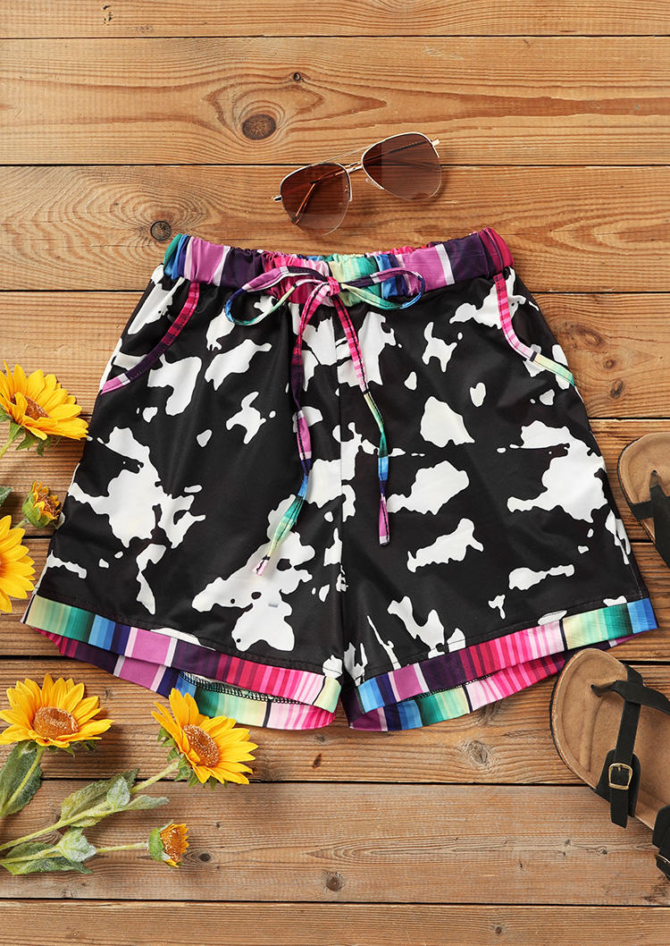 

Serape Striped Cow Pocket Elastic Waist Shorts - Black, 505511