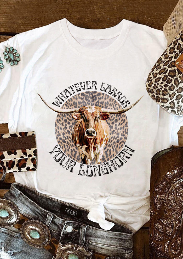 

Whatever Lassos Your Longhorn Leopard Steer Skull T-Shirt Tee - White, 505616