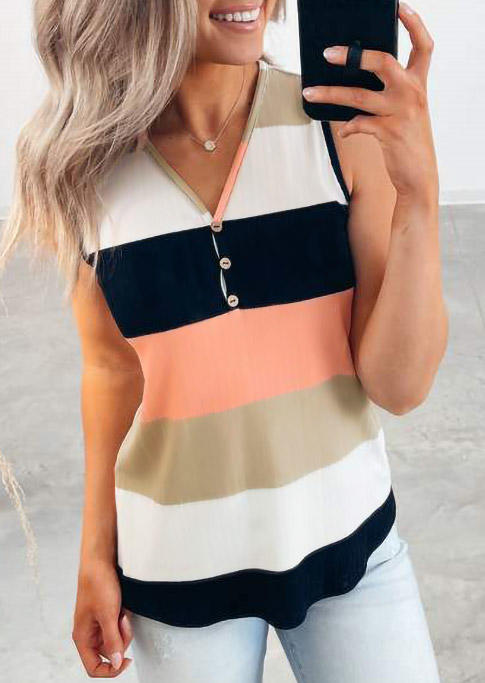 

Color Block Striped Button V-Neck Tank, Multicolor, 505815