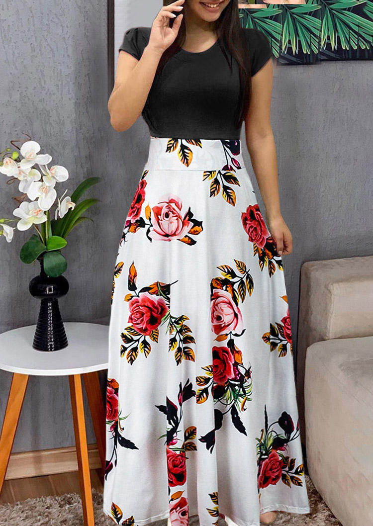 

Floral Short Sleeve O-Neck Maxi Dress - Black, 505817