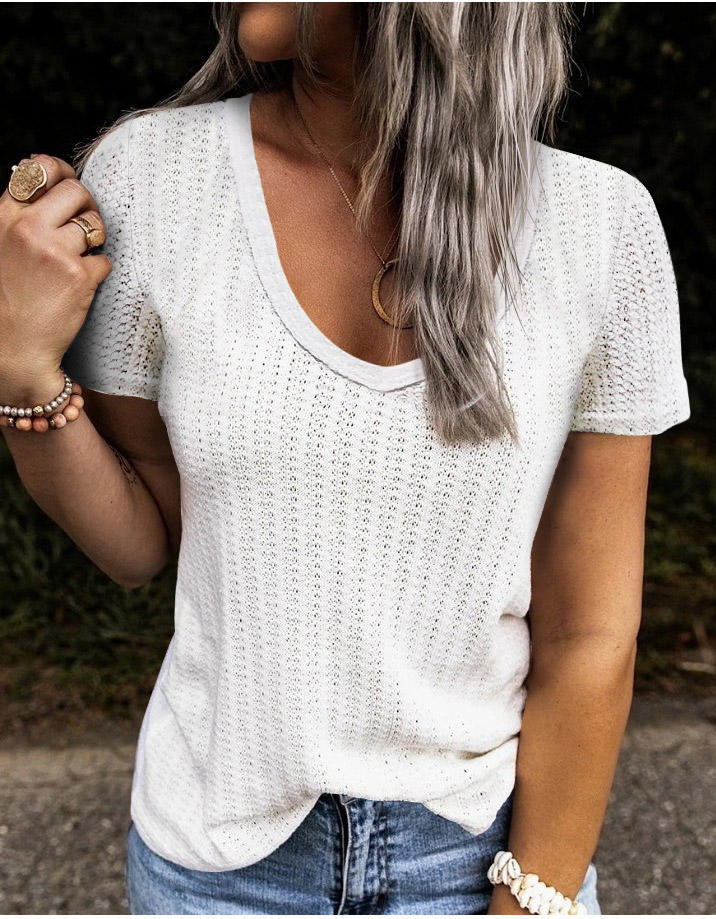 

Knitted Short Sleeve Casual Blouse - White, 505886
