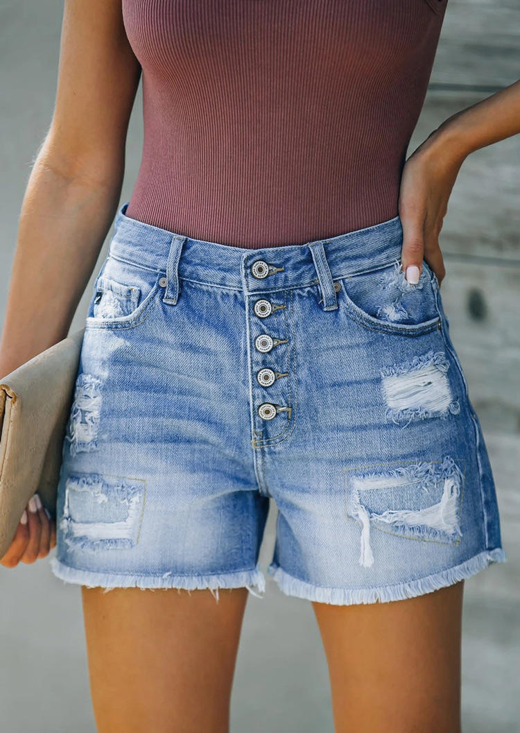 

Pocket Button Ripped Frayed Hem Denim Shorts - Blue, 505889