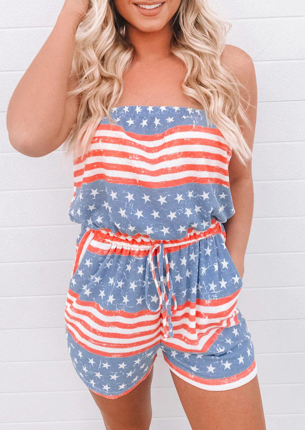 

American Flag Star Striped Strapless Pocket Romper, Multicolor, 505896