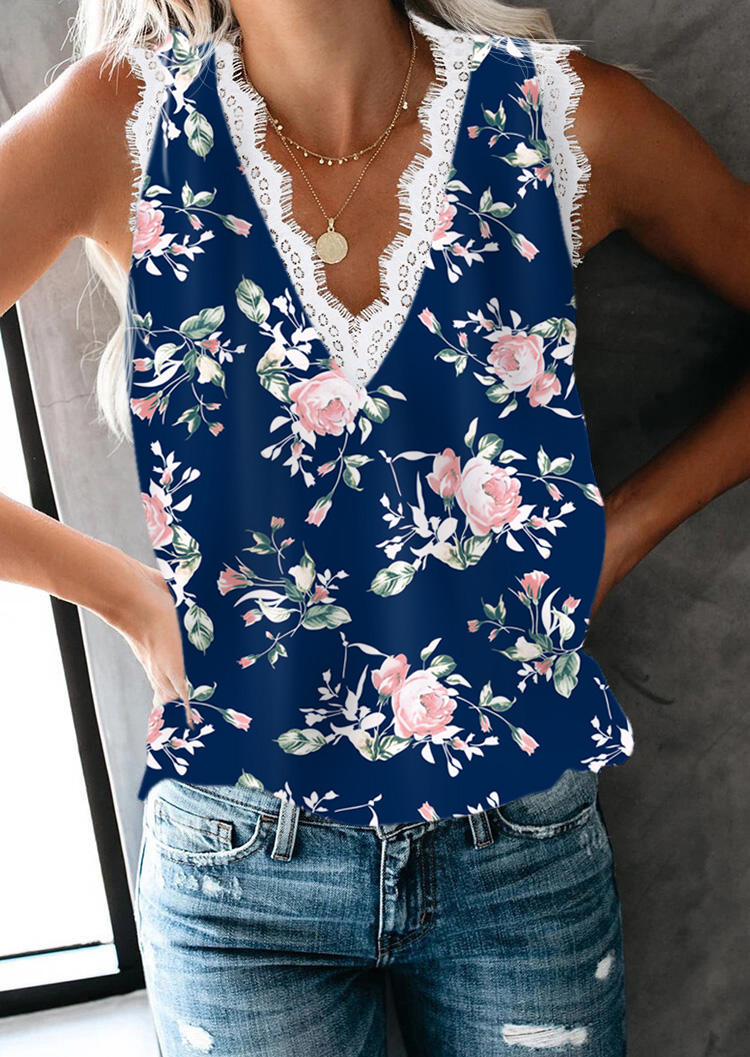 

Floral Eyelash Lace V-Neck Casual Tank - Blue, 505906