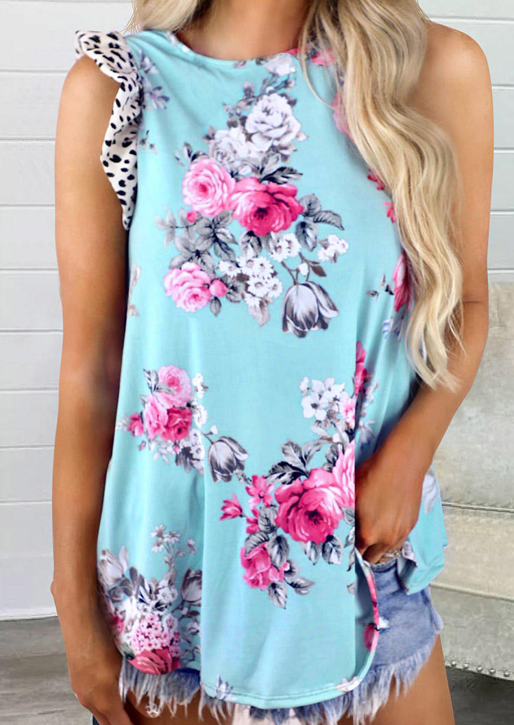 

Floral Leopard Ruffled Blouse - Light Blue, 505916