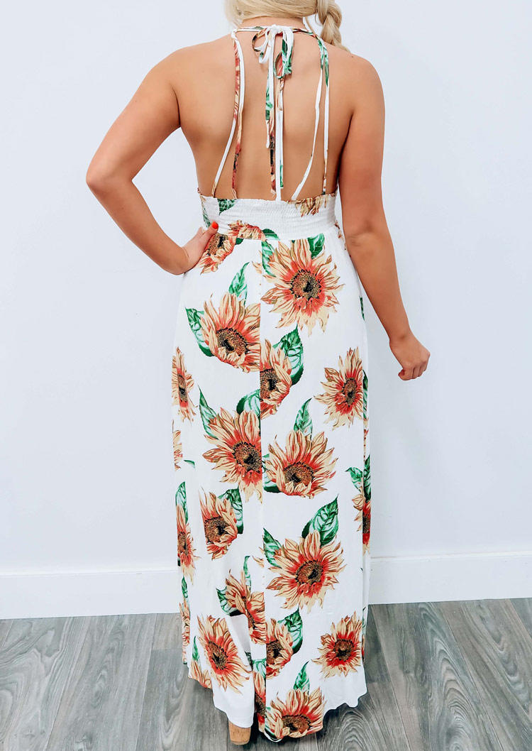 Sunflower Elastic Waist Open Back Tie Halter Maxi Dress