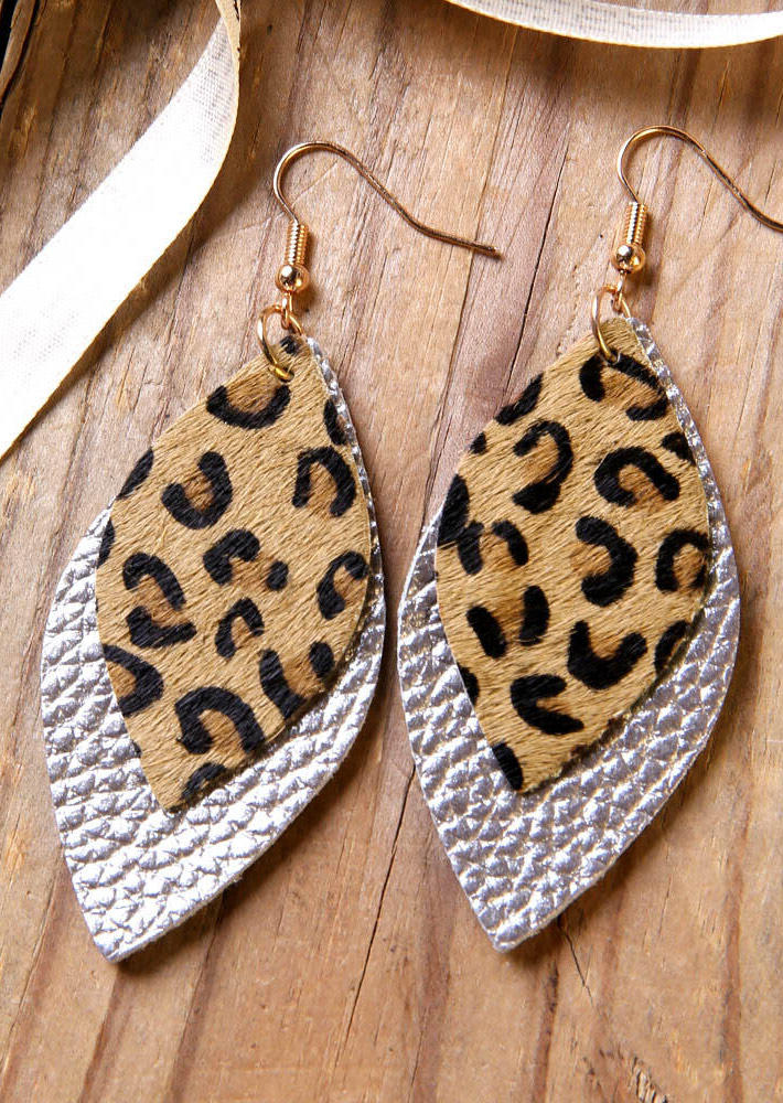 

Leopard Printed Double-Layered Leather Earrings, Silver, 457607