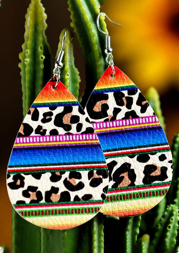 

Leopard Printed Rainbow Serape Striped PU Leather Earrings, 462233