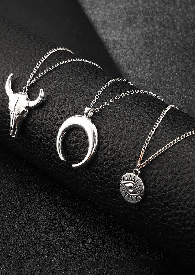 Steer Skull Moon Eye Multi-Layered Necklace - Silver