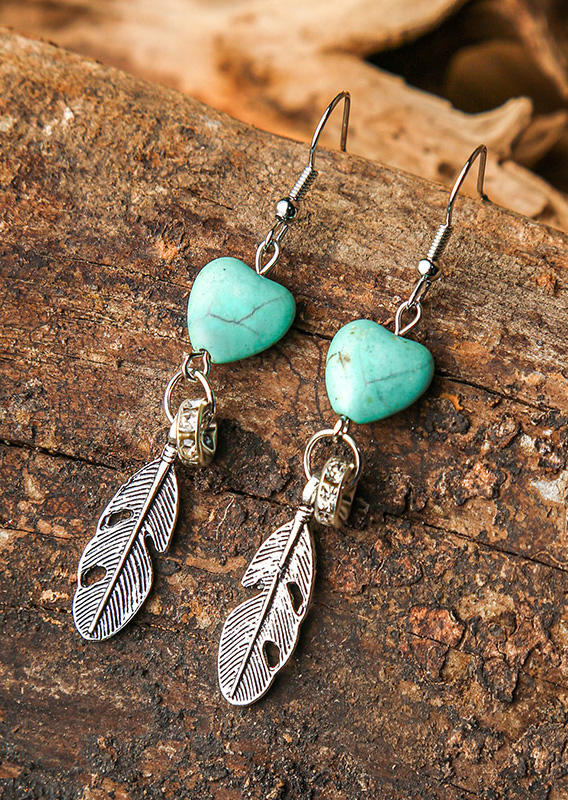 

Valentine Turquoise Heart Feather Dangle Earrings - Silver, 495095