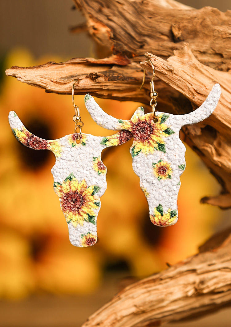 

Sunflower Steer Skull Leather Earrings, White, 497830