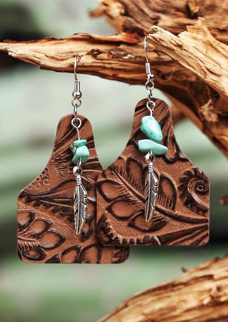 

Vintage Turquoise Palm Leaf Pendant Leather Earrings, Coffee, 497853