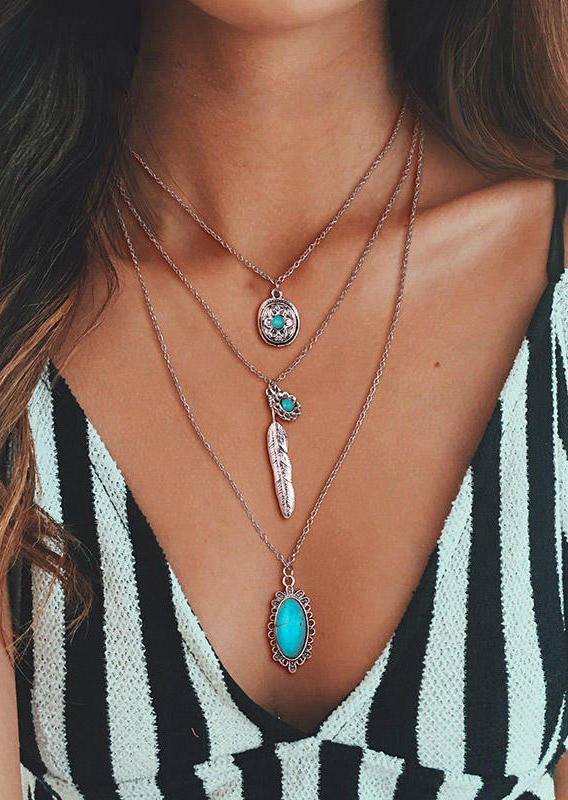 

Turquoise Leaf Multi-Layered Pendant Necklace - Silver, 503472