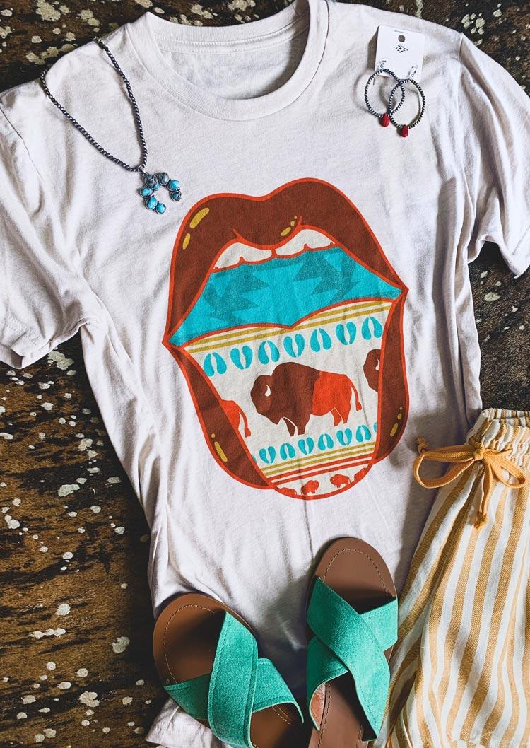 

Western Cow Lips O-Neck T-Shirt Tee - White, 505377