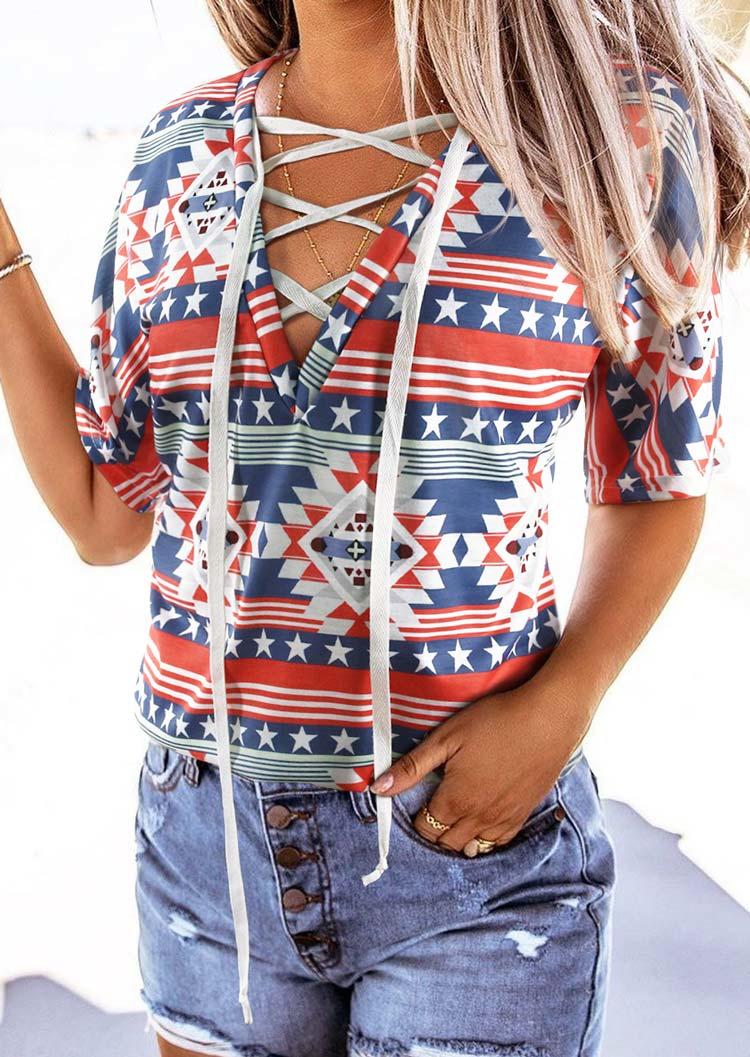 

Aztec Geometric Star Lace Up Blouse, Multicolor, 505756