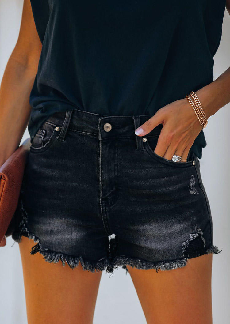 

Pocket Button Ripped Hole Denim Shorts - Black, 505885