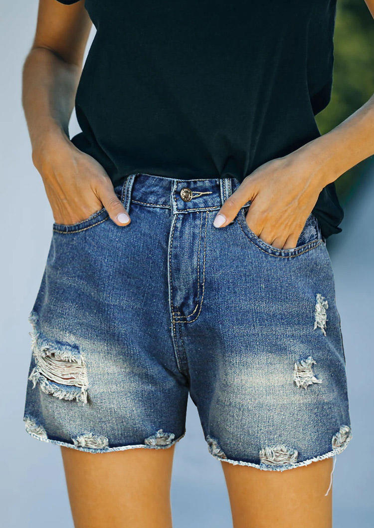 

Pocket Button Ripped Hole Denim Shorts - Blue, 505888