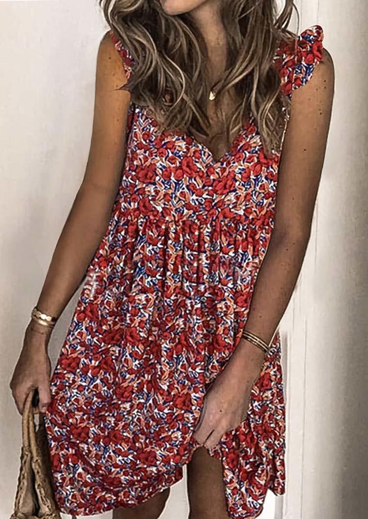 

Floral Ruffled V-Neck Mini Dress, Multicolor, 505891