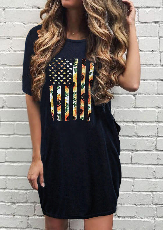 

American Flag Star Striped Sunflower Pocket Mini Dress, Navy blue, 505957