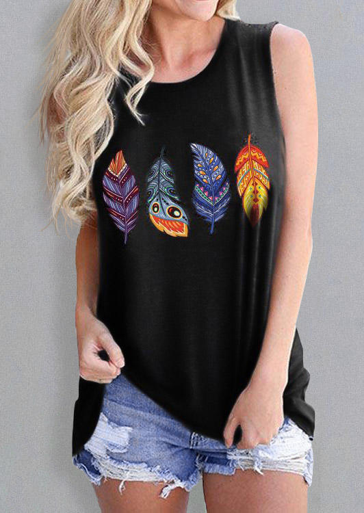 

Colorful Feather Sleeveless Tank - Black, 505989