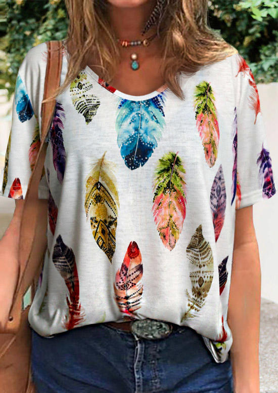 

Vintage Feather Short Sleeve Blouse - White, 505991