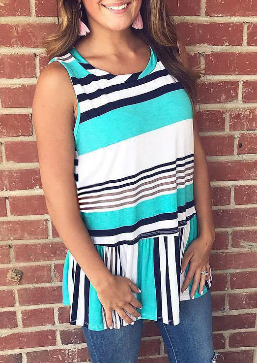 

Striped Ruffled O-Neck Sleeveless Tank, Multicolor, 506011