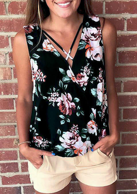 

Floral Criss-Cross Cut Out Tank - Black, 506015