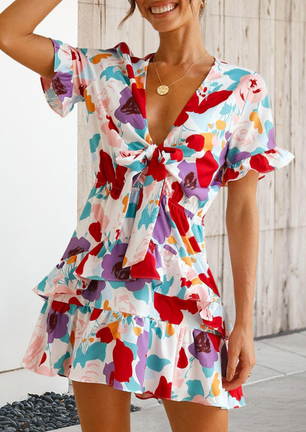 

Ruffled Bowknot V-Neck Layered Mini Dress, Multicolor, 506040