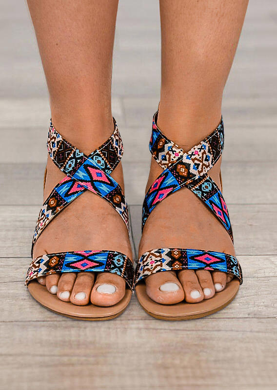 

Vintage Aztec Geometric Criss-Cross Sandals - Blue, 506056