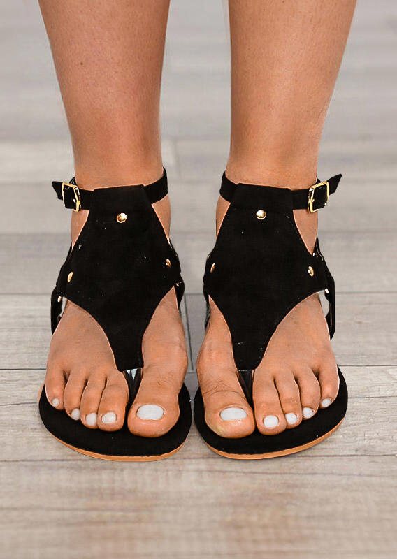 

Hollow Out Rivet Buckle Strap Thong Flat Sandals - Black, 506059