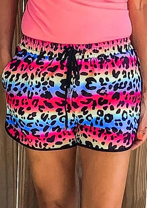 

Colorful Leopard Drawstring Elastic Waist Pocket Shorts, Multicolor, 506083