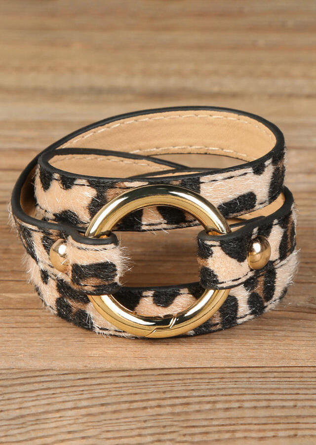 

Leopard Printed Adjustable Wide Leather Bracelet, Light brown, 456967