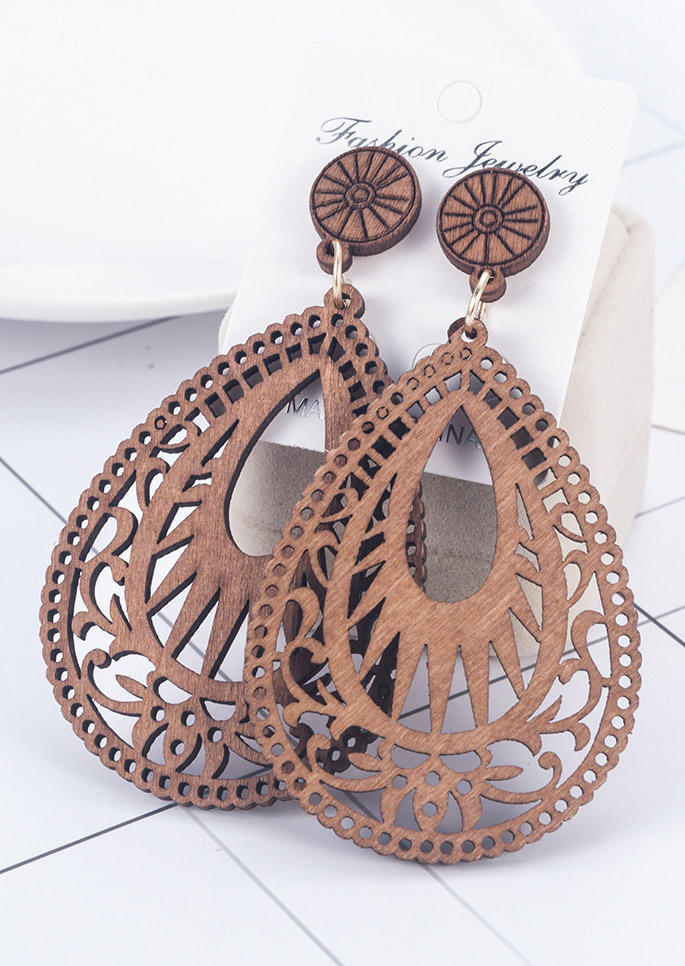 

Vintage Hollow Out Water Drop Shaped Wooden Earrings, Dark brown, 460926