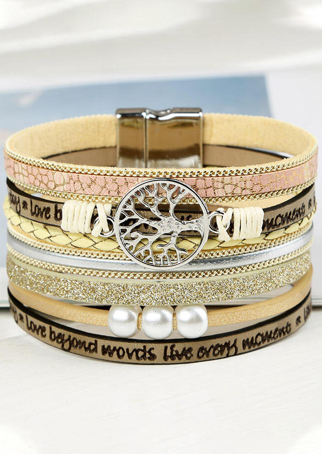 

Magnet Buckle Pearl Leather Bracelet, Khaki, 462292