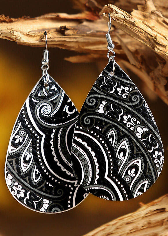 

Mandala Printed PU Leather Earrings, Black, 462783