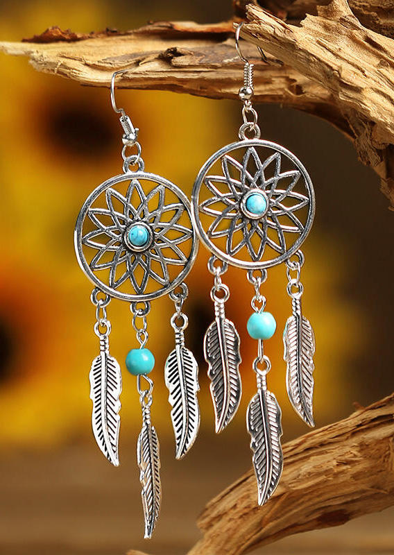 

Hollow Out Turquoise Feather Pendant Earrings, Silver, 463319