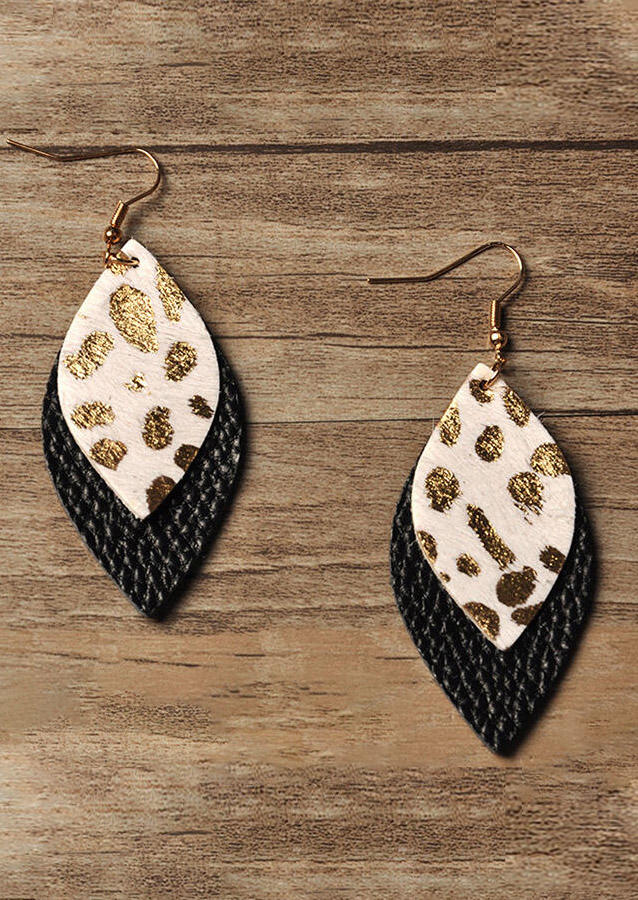 

Leopard Double-Layered Leather Earrings, Black, 468621