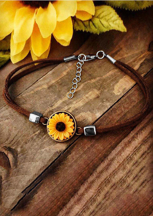 

Vintage Sunflower Leather Bracelet - Brown, 473721