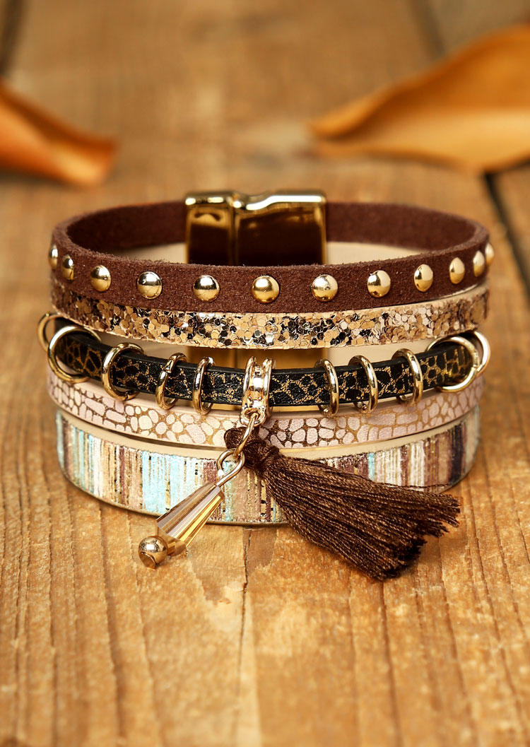 

Leopard Tassel Beading Multi-Layered Leather Bracelet, Brown, 486330