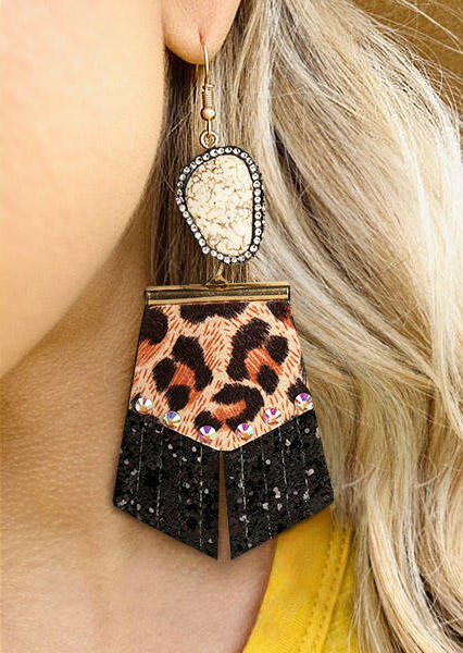 

Creative Leopard Sequined Splicing Rhinestone Earrings, Black, 494094