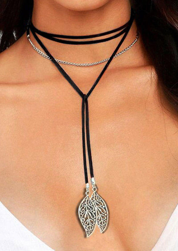 

Vintage Hollow Out Leaves Velvet Rope Long Necklace - Black, 494598