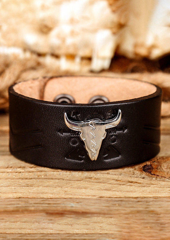 

Steer Skull Wide Leather Bracelet, Black, 496192