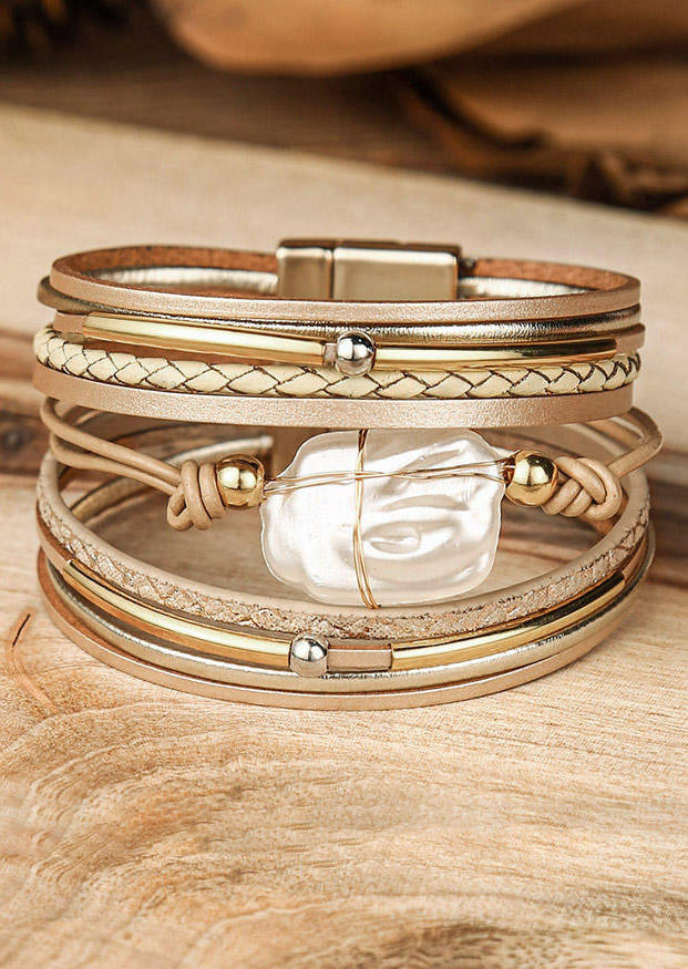 

Beading Hand-Woven Multi-Layered PU Leather Bracelet, Silver;khaki, 498527