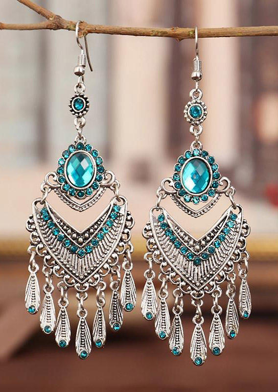

Vintage Rhinestone Tassel Hollow Out Alloy Earrings, Cyan, 499214