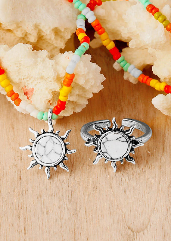 

2Pcs Turquoise Sunflower Colorful Beading Necklace And Ring Set, White, 499691