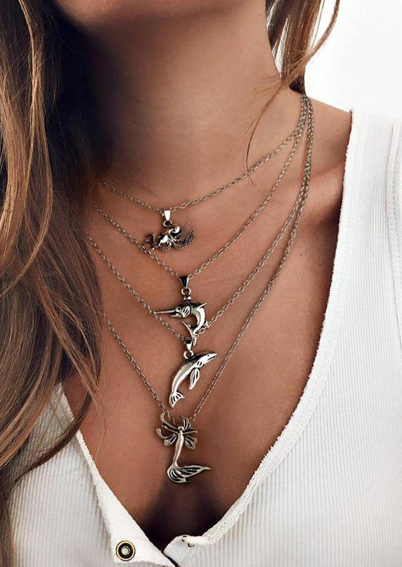 

Mermaid Swordfish Octopus Alloy Multi-Layered Pendant Necklace, Silver, 500060