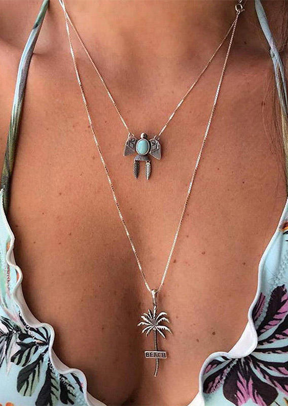 

Beach Coconut Tree Thunderbird Turquoise Multi-Layered Necklace, Silver, 500183