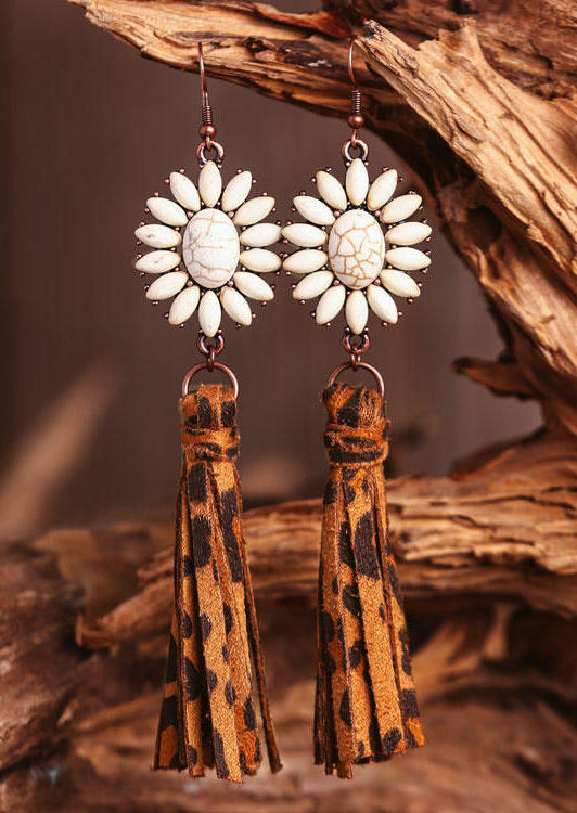 

Flower Natural Stone Leopard Tassel Leather Earrings, 500593