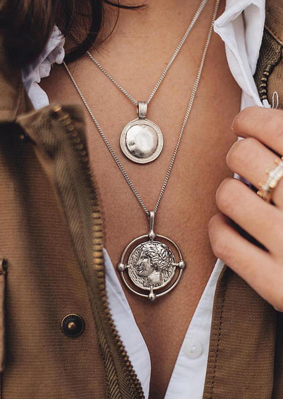 

Bohemia Carved Coin Dual-Layered Pendant Necklace, Silver, 500679