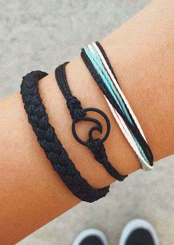 

3Pcs Wave Hollow Out Braided Bracelet Set, Black, 500819